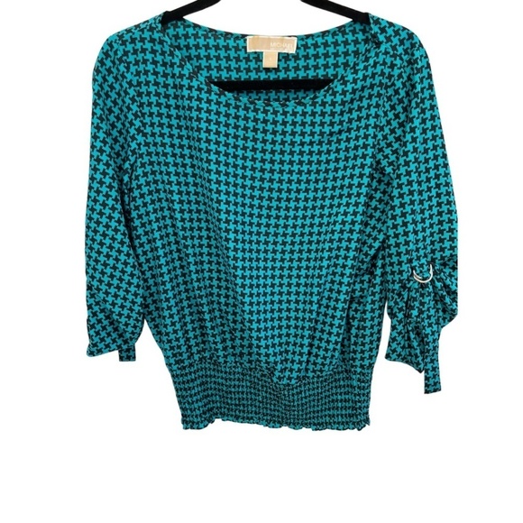 MICHAEL Michael Kors Small Top Teal Black Geo Print Roll Tab Sleeve Smocked Hem - Picture 1 of 5